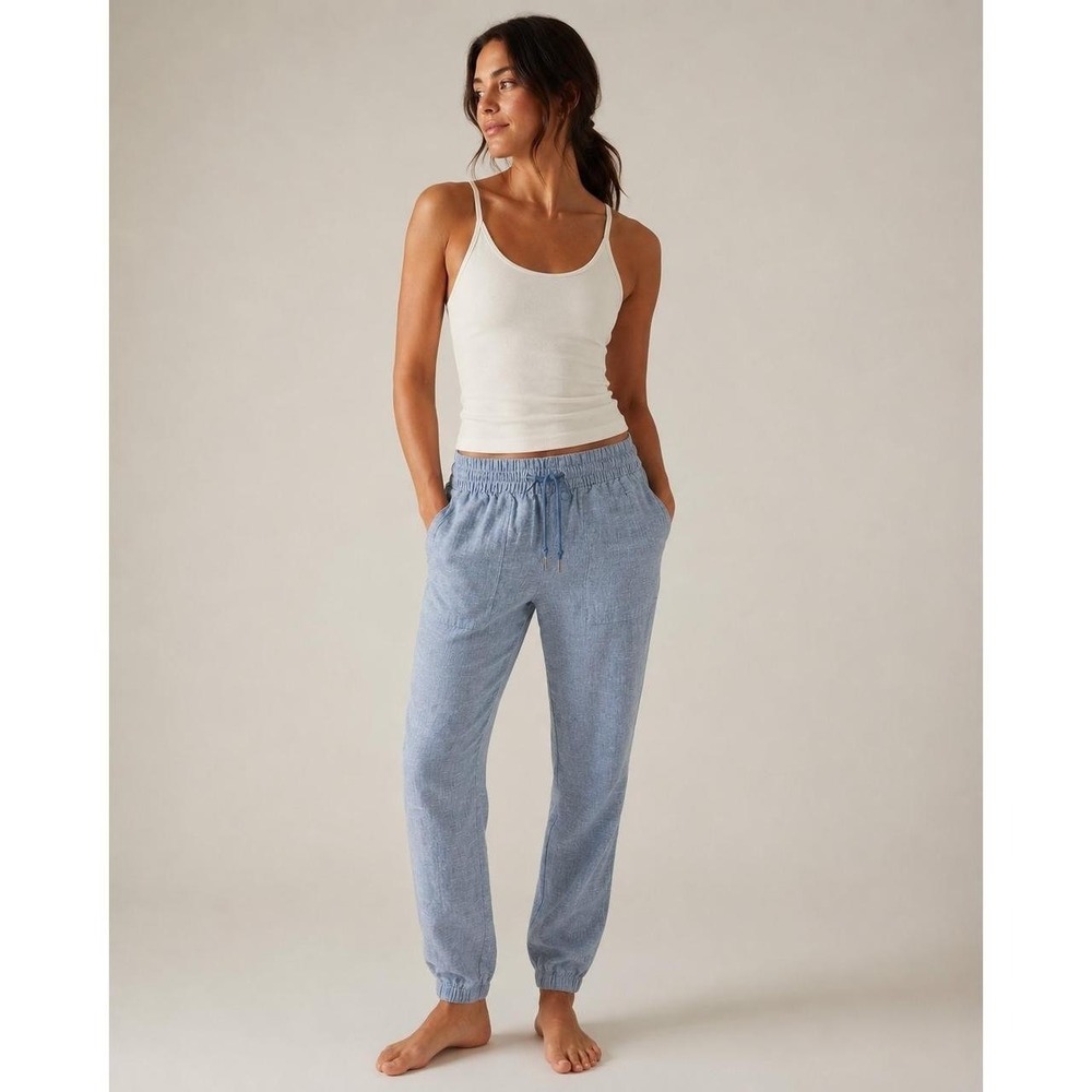 Athleta Retreat Linen Jogger Pants Chambray Blue Resort Beach Zip Pockets 4 Tall